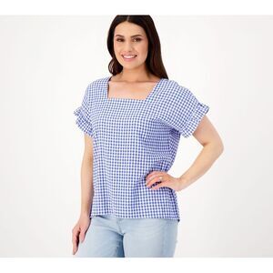 Girl With Curves Women's Top Plus Sz 1X Gingham Flutter Sleeve Blue A596306